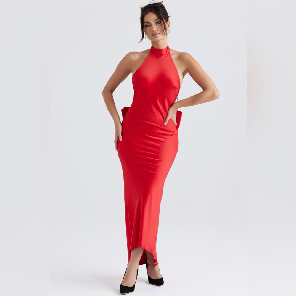 House of CB Ilaria Red Bow Halter Dress Size M